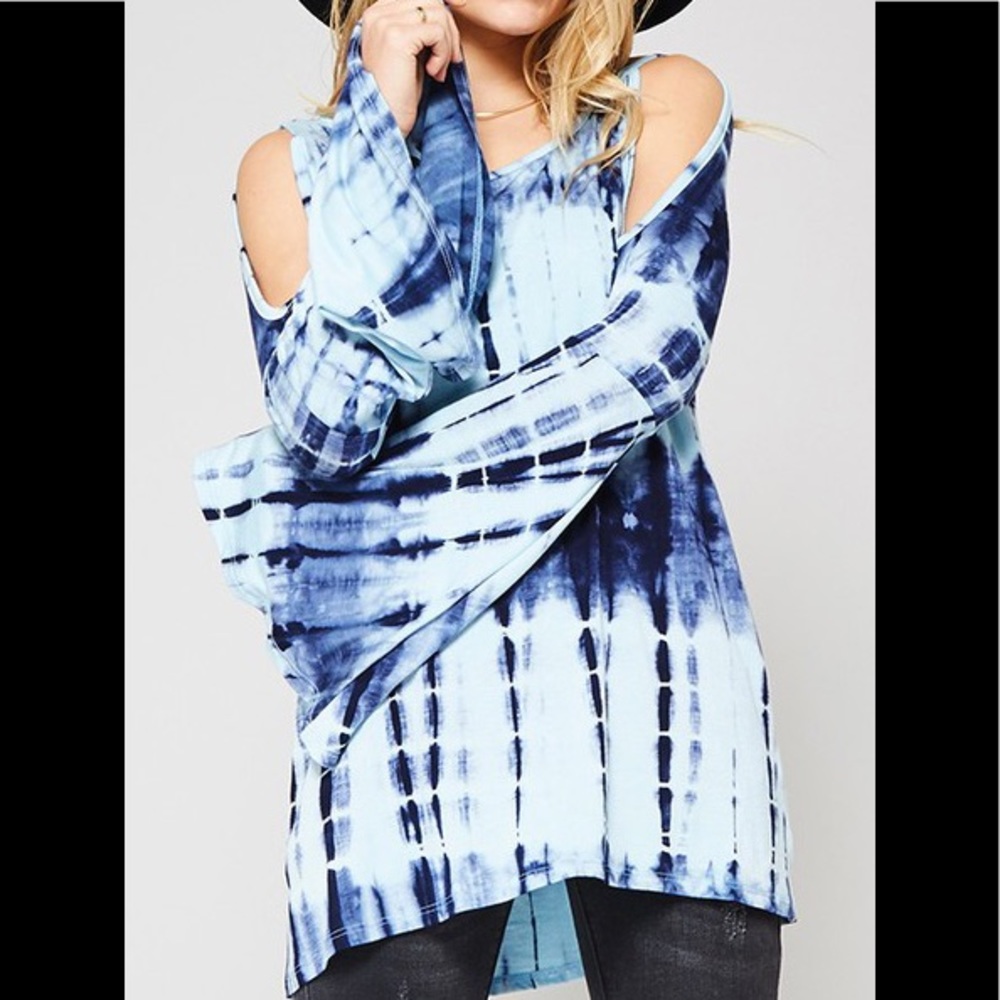 NEW Unique Blue Tie-Dye Top Cold Shoulder Promesa - Picture 2 of 6
